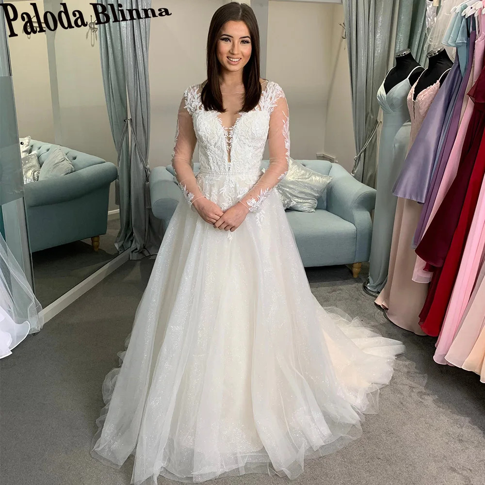 

Paloda Classic Scoop A-LINE Wedding Dresses For Women Bling Tulle Full Sleeves Appliques Illusion Court Train Robe De Mariée