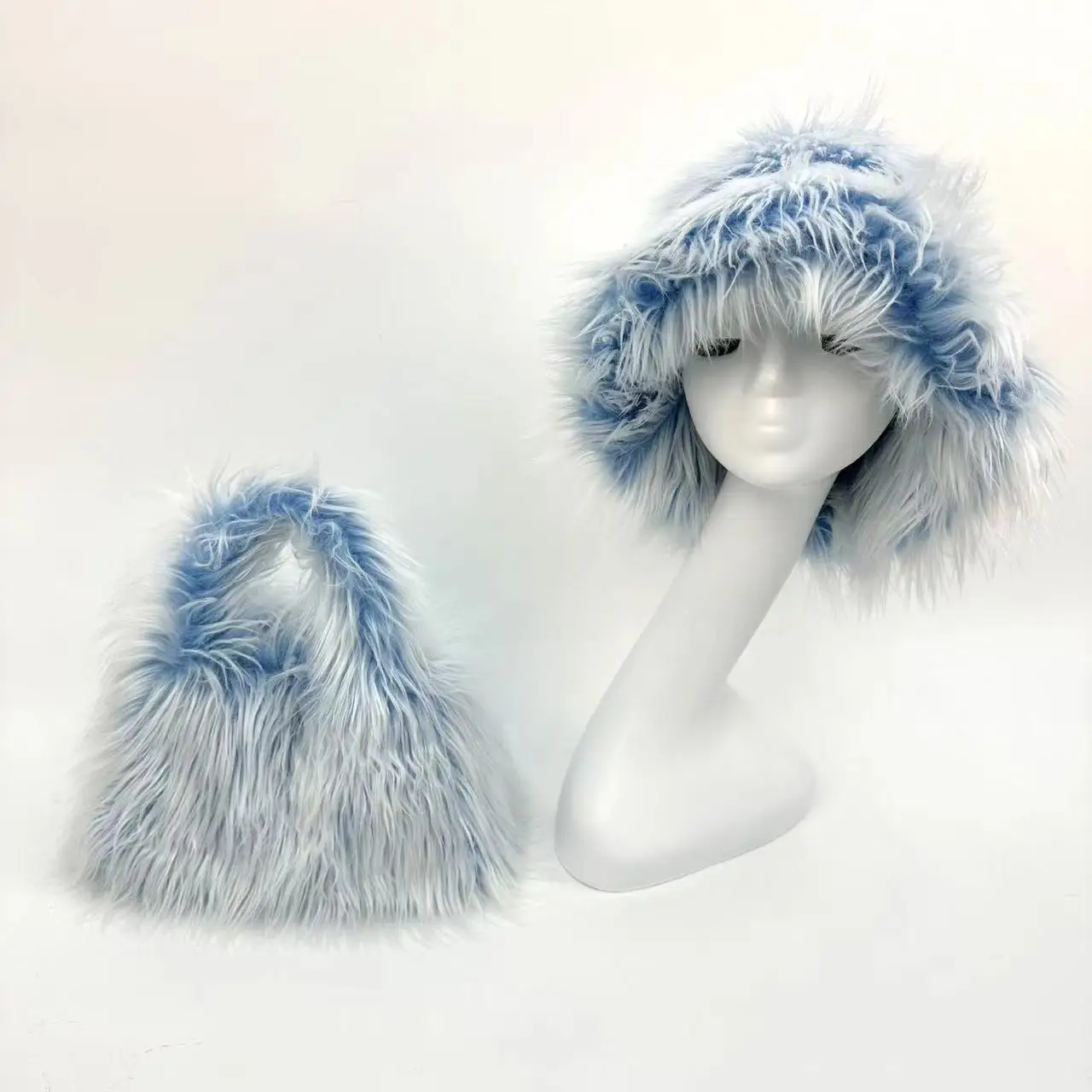 

Fashion Faux Fur Bucket Hat For Girl Supper Fluffy And Big Furry Fur Cap Luxury Fluffy Fisherman Hat With Fur Handbag Set