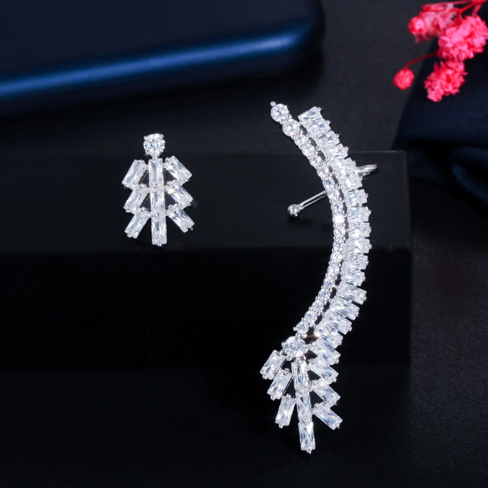 

ThreeGraces Shiny Cubic Zirconia Silver Color Elegant Sweep Wrap Cuff Stud Ear Climber Earring for Women Party Jewelry E1246