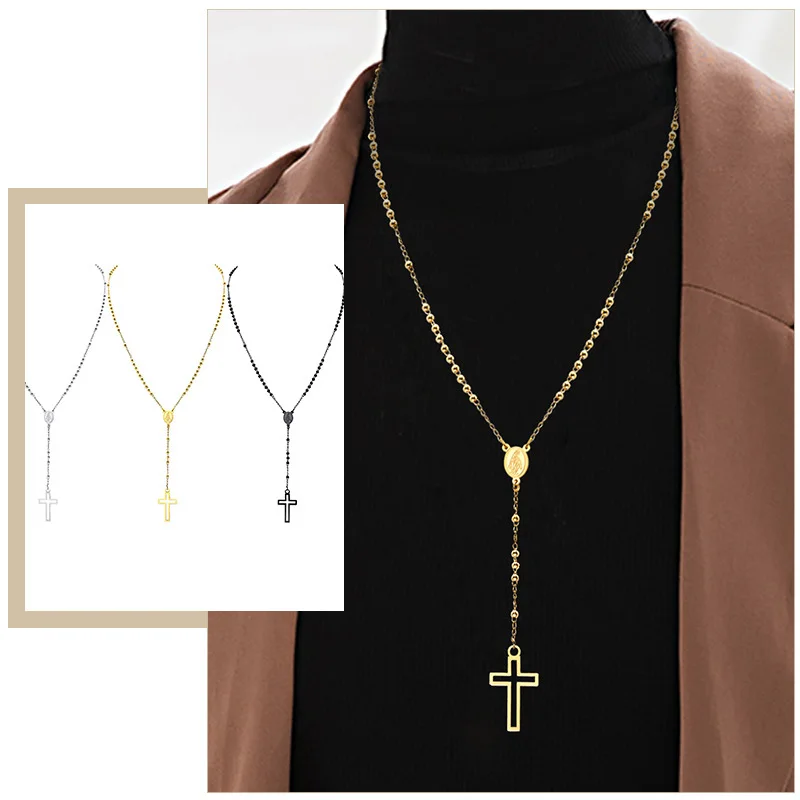 Women Cross Rosary Necklace, Maria with Cross Pendant, Black Gold Color Stainless Steel Christ Jesus Prayer Church Jewelry