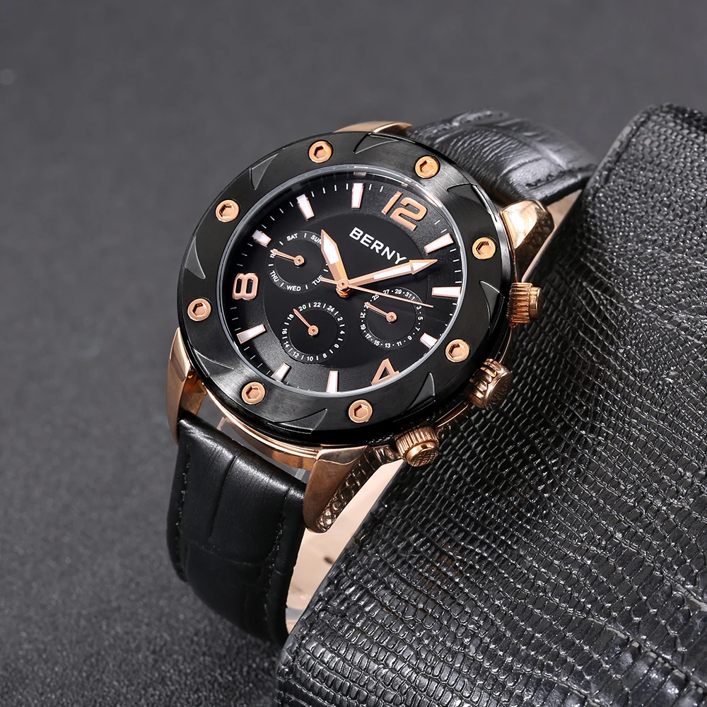 

BERNY Quartz Watch Luminous Dress Swiss Movement Male Clock Date Day Multifunction Waterproof Men Wristwatch Leather Buckle