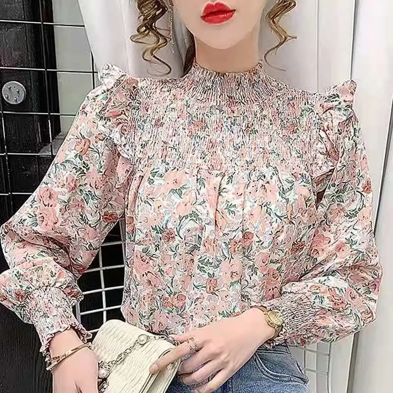 

Женская блузка, новинка весны 2022, рубашка с супер фри и цветами, дизайнерская плиссированная Снежная рубашка с листьями, восьмиядерная мале...