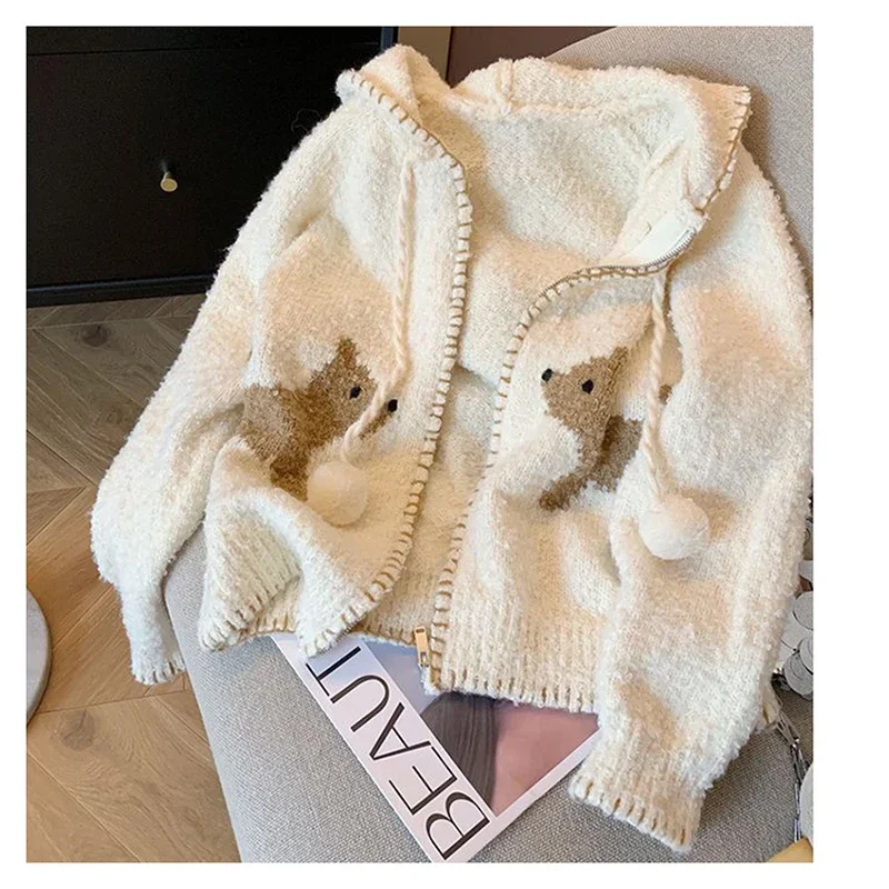 Женский осенне-зимний вязаный кардиган с капюшоном и принтом милой собаки