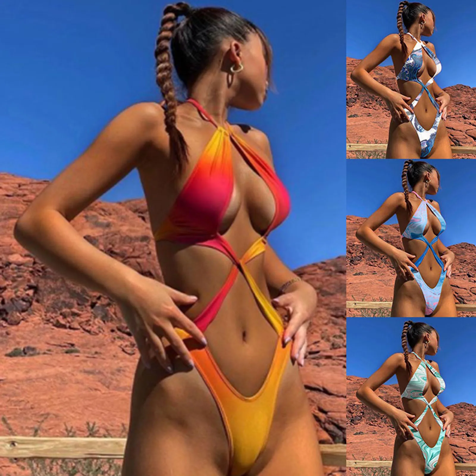 

Women Sexy Solid Color Swimsuits Push Up High Cut Lace Up Halter Bikini Set Swimwear Sexy Slim Swimwear Heart Swimwear