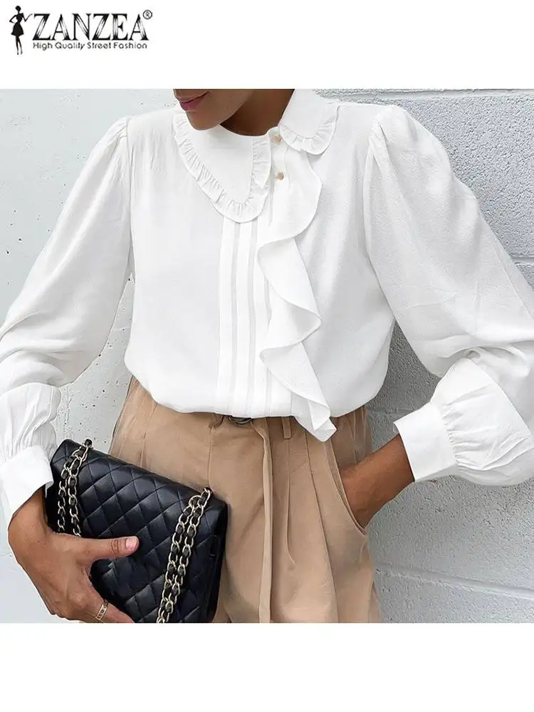 

ZANZEA Women Long Sleeve Blusas 2022 Spring Ruffle Shirt Fashion Oversized Blouse Casual Baggy Camisas Solid White Tops OL Tunic