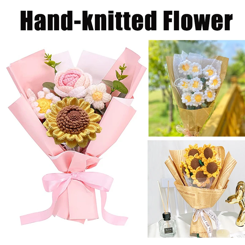 

Цветы для вязания крючком, букет ручной работы, цветок ручной вязки, Подсолнух, искусственная Роза, оберточная бумага, домашний декор, подарок