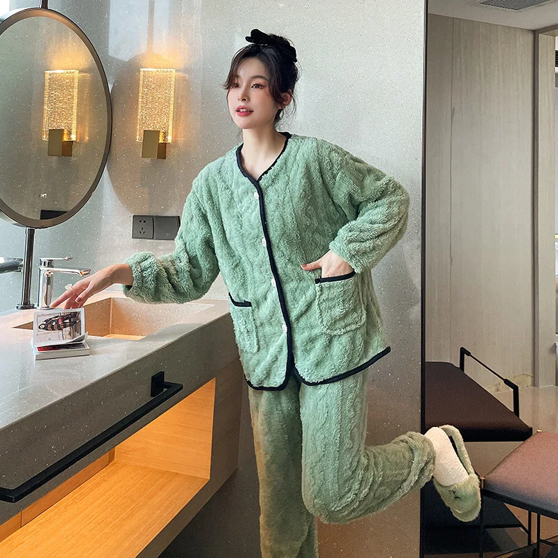 Autumn and Winter New Thickened Cotton Velvet Coral Velvet Pajamas Women's Long-Sleeved Trousers Warm Suit Flannel Home Wear