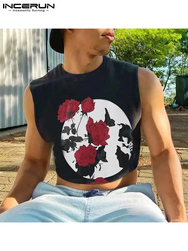 

INCERUN Men Tank Tops Flower Printed 2022 O-neck Sleeveless Casual Crop Tops Streetwear Sexy Fashion Vests Men Clothing S-5XL