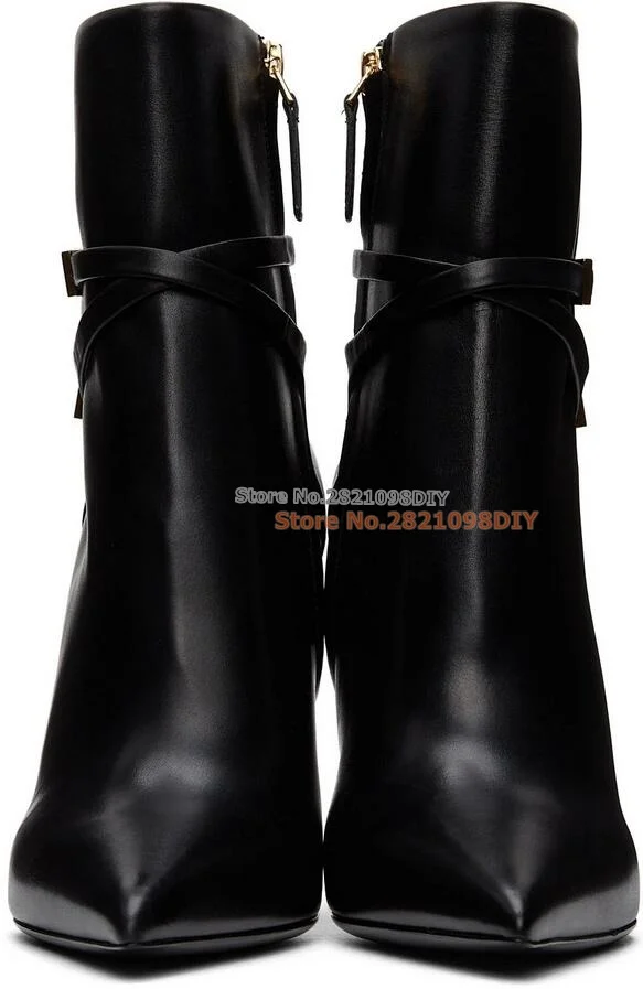 Women's Black Padlock Boots Pointed Toe Side Zipper Straps Short Boots Thin High Heel Ankle Boots Plus Size