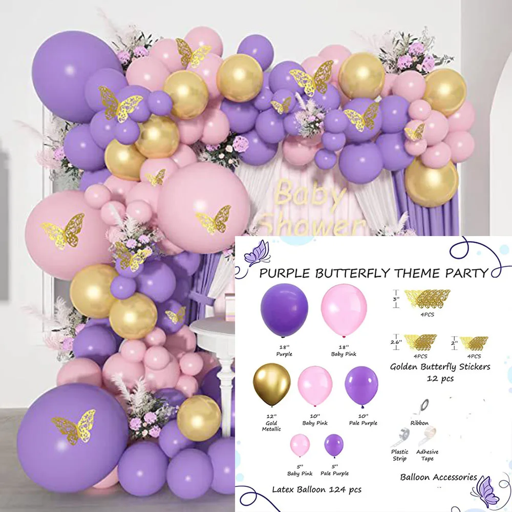 

Purple Pink Balloon Garland Arch Metallic Purple Gold Balloons Butterfly Stickers Confetti for Birthday Wedding Party Decor