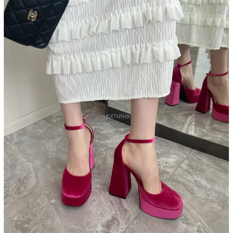 

2022 New Women's Fashion Pumps Office Mary Jane Shoes Platform Thick High Heels Party Sandals Black Pink Green Yellow Big Size