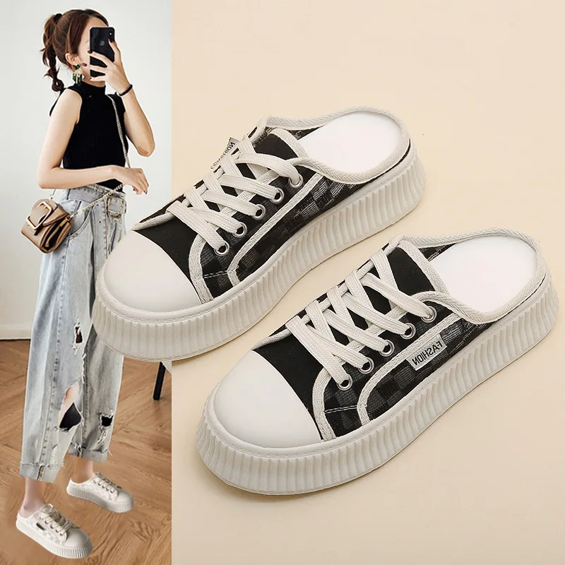 

Women Lace-up Half Slippers Flat Web Bread Head Female Outwear Sneakers Summer New Thick Sole Heel Free Lazy Little White Shoes