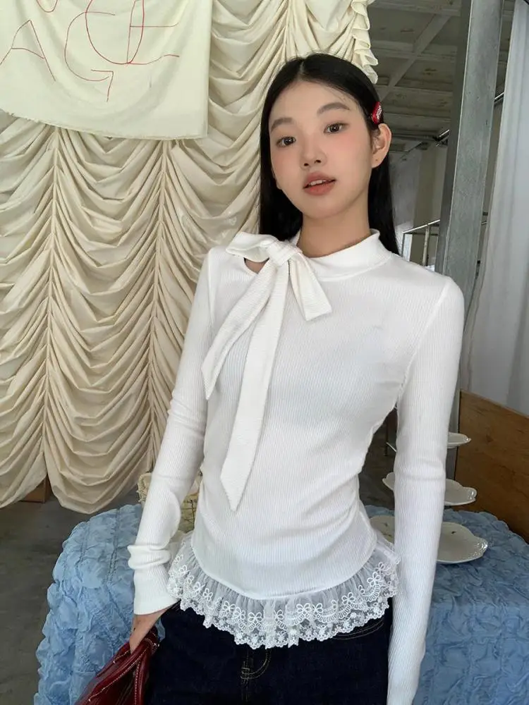 Yedinas Fairycore футболка женская с длинным рукавом на шнуровке бантом футболки одежда