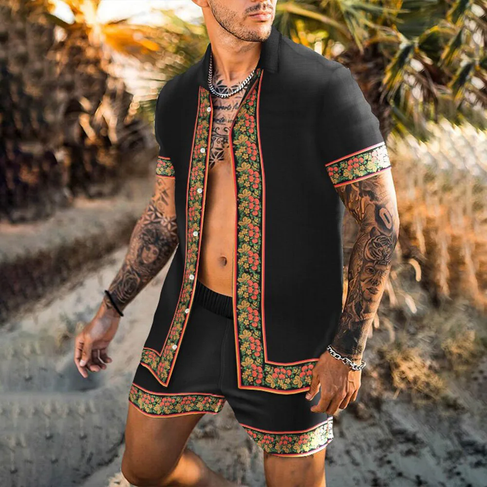 2022 Summer Men Hawaiian Sets Printing Short Sleeve Button Shirt Beach Shorts Two Set Streetwear Casual Holiday Men's Clothing