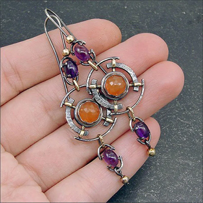 

Vintage Round Inlaid Orange Purple Zircon Drop Earrings For Women Ethnic Hollow Circle Metal Silver Color Long Dangle Earring