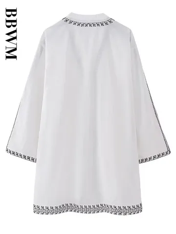 Embroidery Dress Women Loose Mini Dress V Neck Vintage Long Sleeve Dresses 2023 Fashion Casual Short Dress Chic Female