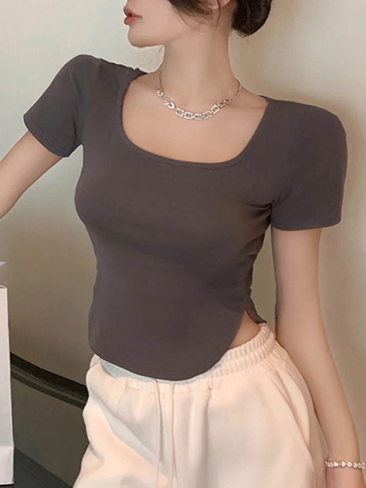 

Summer Women Cotton T Shirts Ladies Short Sleeve Split Hem Square Neck High Elasticity T-shirt Female Slim Fit Crop Tops Girls