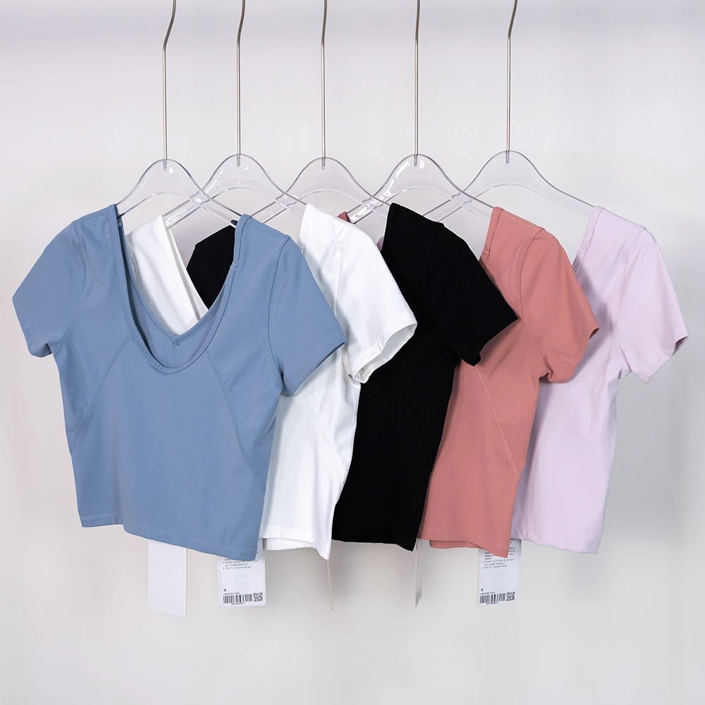 Lulu Women Shirts Sexy Backless Sports Tops Women Fitness Sportswear Crop Tops Gym Clothing Yoga Wear Shorts Sleeve for Summer