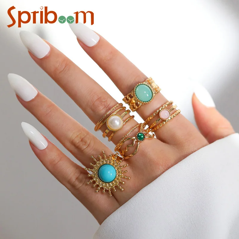 

11Pcs Bohemian Women Rings Set Green Imitation Gemstones Wedding Ring Exaggerated Metal Jewelry Gold Color Geometric Accessories