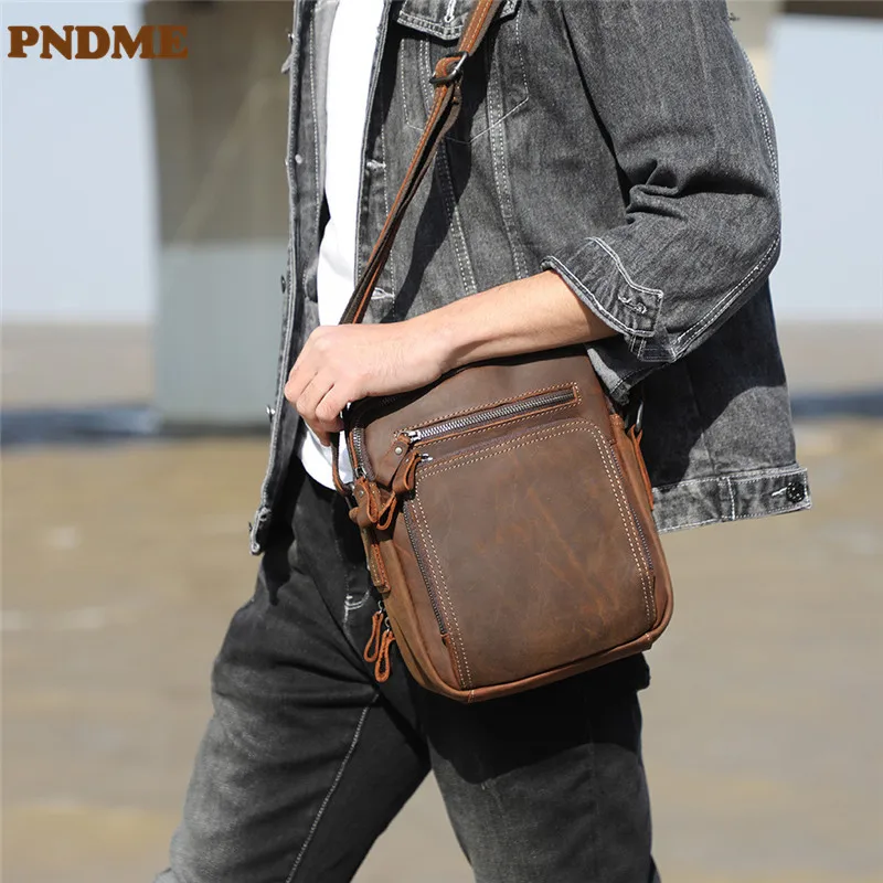 PNDME high quality crazy horse cowhide men's shoulder bag outdoor travel work natural genuine leather small handbag satchel