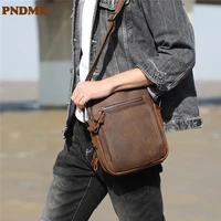pndme high quality crazy horse cowhide mens shoulder bag outdoor travel work natural genuine leather small handbag satchel