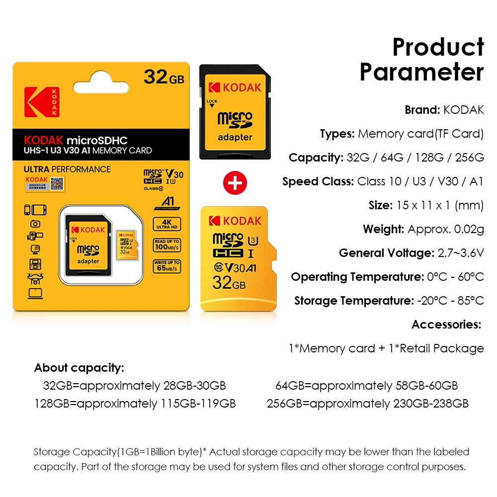 Kodak microSD 128GB 32GB 64GB 256GB SD Card SD/TF Flash Card MemoryCard Class 10 U3 32 64 128 256 GB Memory Card for Phone images - 6