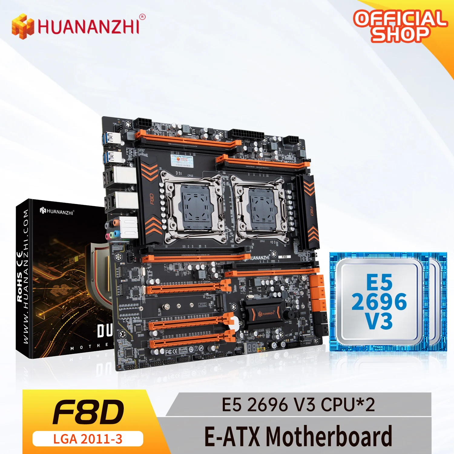 

HUANANZHI X99 F8D LGA 2011-3 XEON X99 Motherboard with Intel E5 2696 V3 *2 combo kit set support DDR4 RECC NON-ECC NVME NGFF