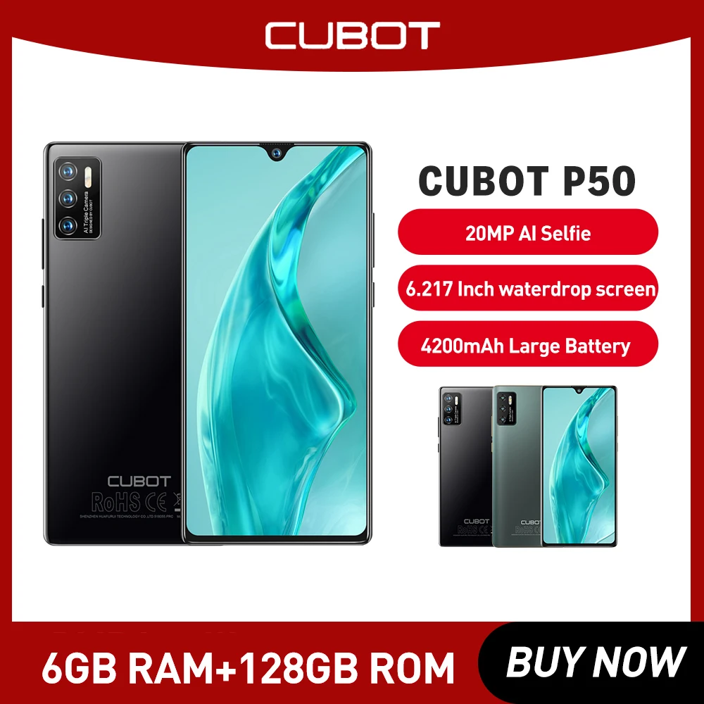 Cubot P50 Android 11 Smartphone 20MP Selfie Camera 4200mAh 6GB RAM+128GB ROM 6.217 inch Mobile Phone MT6762 Octa Core Cellphones