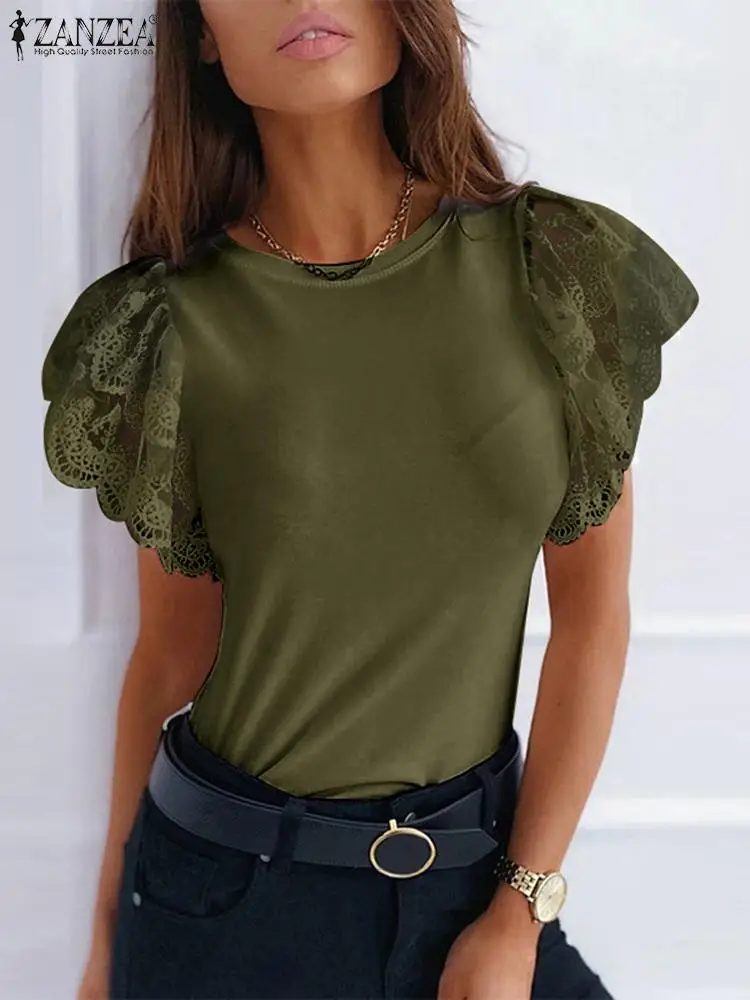 

Summer Lace Tunic Tops ZANZEA Elegant Women O Neck Short Sleeve Blouse Casual Patchwork Party Shirt Fashion Solid Blusas Chemise