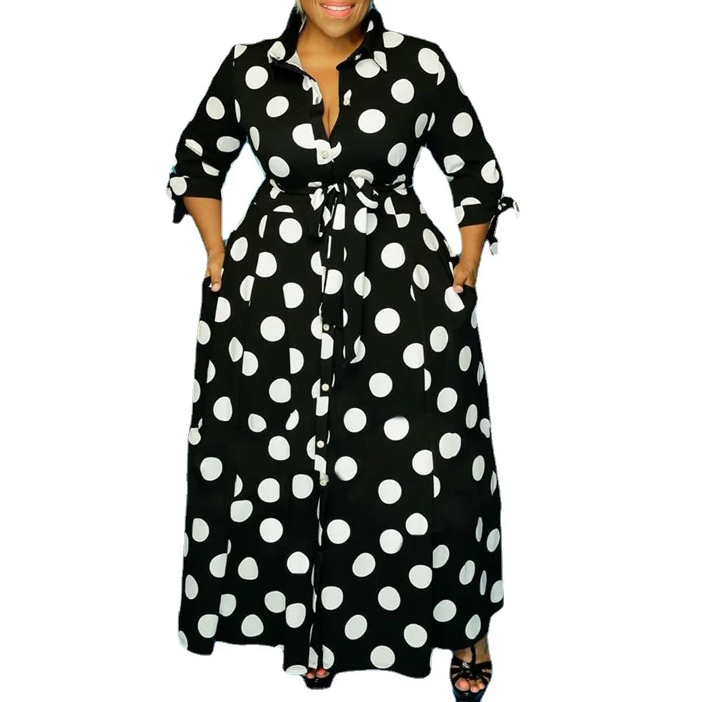 Plus Size Large Women's Dress New Ins Net Red Large Shirt Long Sleeve Dot Print Dress Loose Lace-up Casual Female Clothes