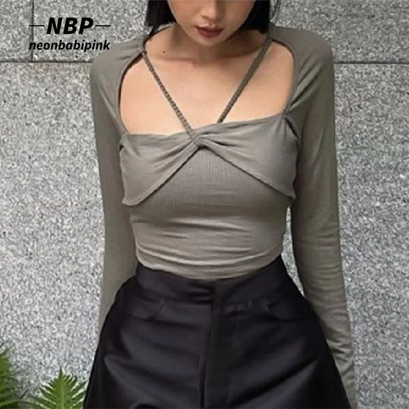 

NEONBABIPINK Cross Halter Long Sleeve Crop Top for Women Fall 2022 Fashion Sexy Backless Tight T-shirts N33-BG12