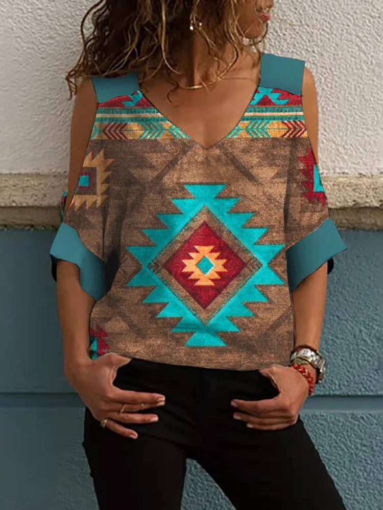 

Vintage Pattern Print All-Match Top Clothes Spring Summer Short Sleeve Women Hollow Out T-Shirts Fashion V Neck Loose Pullover