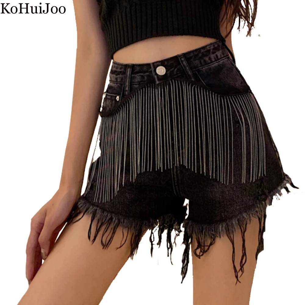 

KoHuiJoo Summer 2022 Denim Shorts Women Chain Heavy Tassel Distressed Loose High Waist Jeans Shorts Fashion Woman Shorts Black