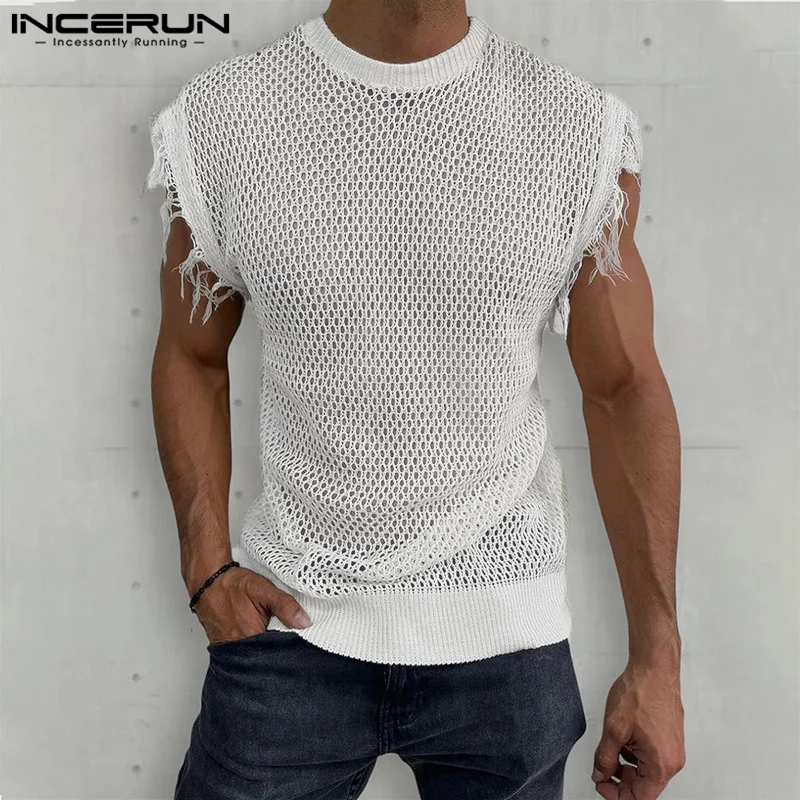 

INCERUN Men Tank Tops Mesh Patchwork Tassel Transparent O-neck Sleeveless Sexy Vests Streetwear 2023 Stylish Party Men Clothing