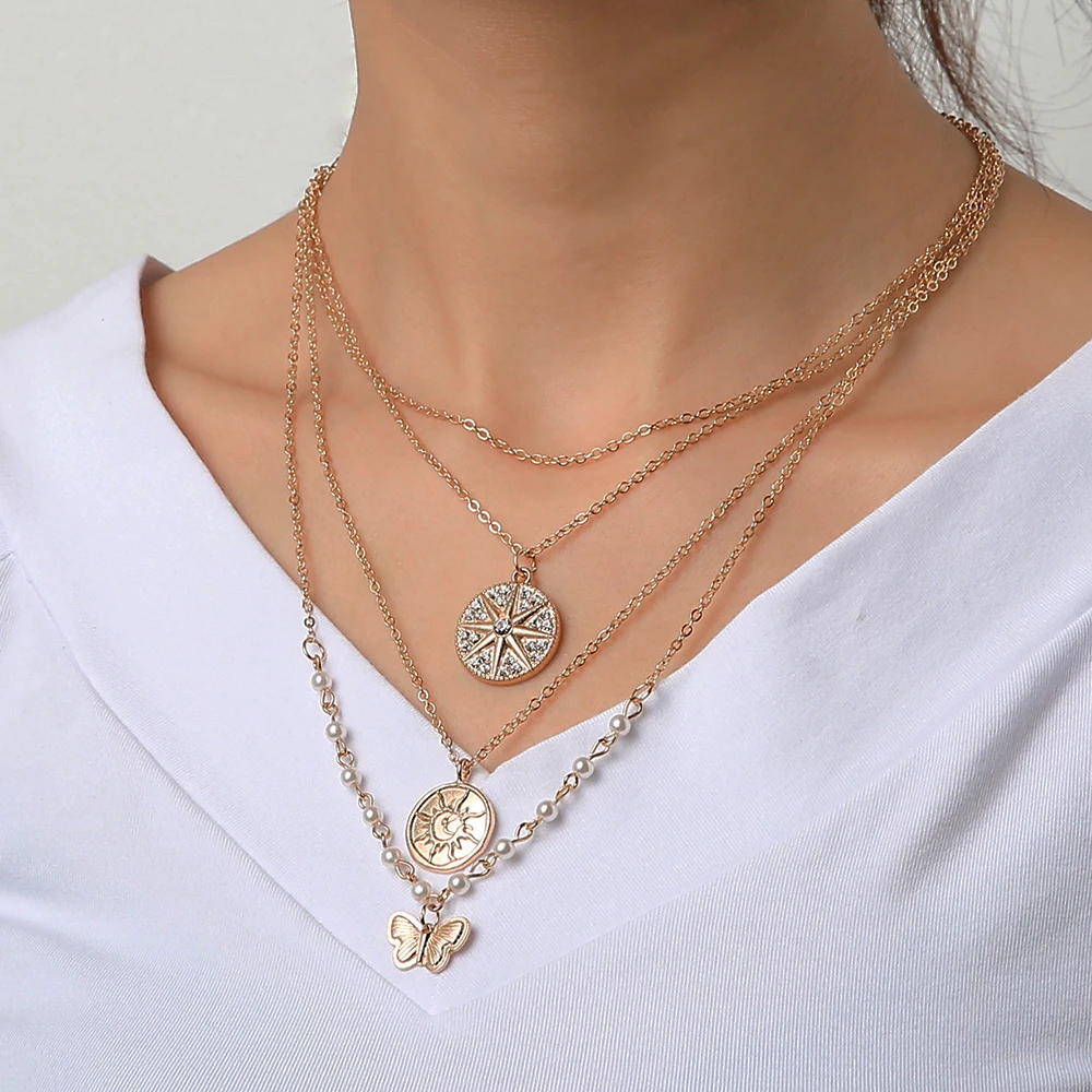 

Gold Chain Butterfly Pendant Choker Necklace Multilayer Sun Pearl Clavicle Women's Neck Chain Bohemian Party Unique Collier 2023