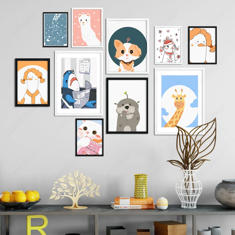 

Cartoon Hand Drawn Animals Poster Creative Healing Illustration Wall Art Modular Print Canvas Painting Murals Nursery Home Decor