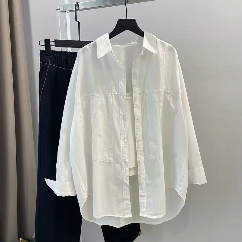 Хлопковая желтая рубашка женская Свободная Повседневная с длинным рукавом и