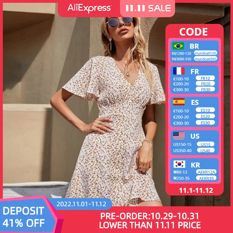 

Vintage Floral Printed Summer Dress Women V Neck Ruffles Beach Mini Dresses A Line Short Sleeve Boho Holiday Dress Clothes