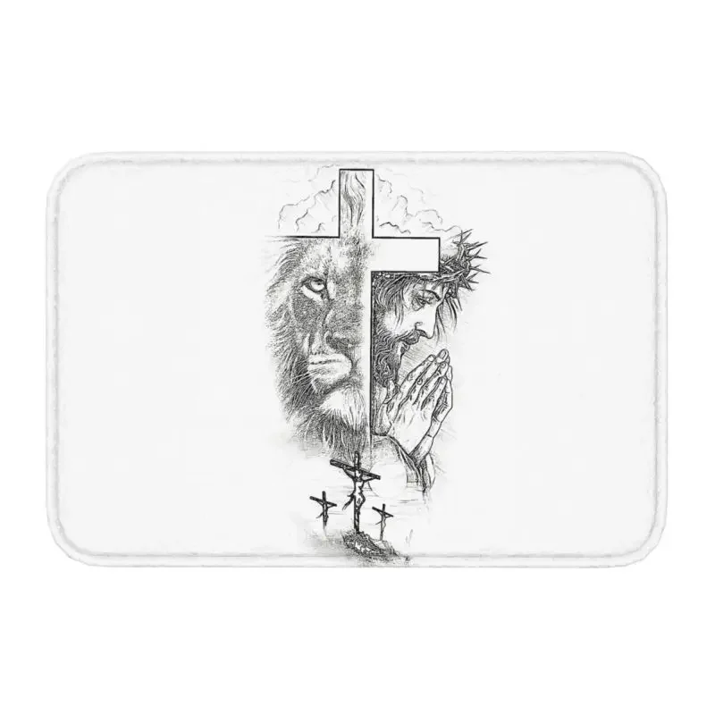 

Custom Cool Lion Of Judah Jesus Cross Doormat Anti-Slip Entrance Bath Kitchen Floor Door Mat Christian Faith Garden Carpet Rug