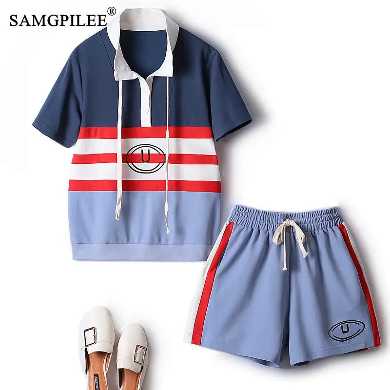 Set Of Two Fashion Pieces For Women Summer Leisure Colorblock Air Cotton Sweater Shorts Sports Suit Fashion Two-piece Set 4XL