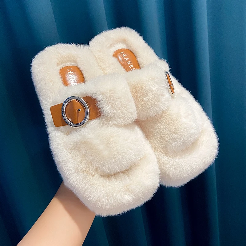 

Furry Slippers for home Women Ladies Shoes Cute Plush Fox Hair Fluffy Sandals Indoor Fur Slippers Winter Slippers Women