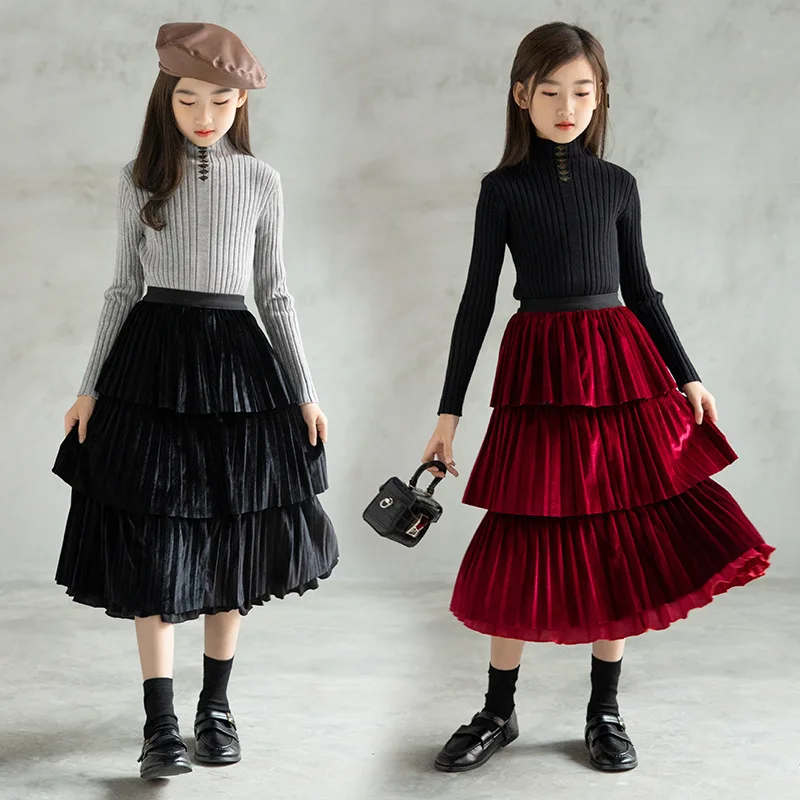 

Girls Midi Velour Skirts Teen Kids Velvet Layers Skirt Reversible Clothes 2022 New Pleated Children Autumn Party Clothing A301