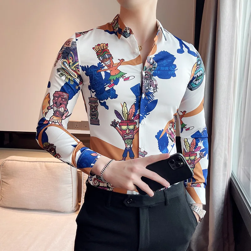 2023 Spring Cartoon Print Luxury Shirts Mens Long Sleeve Shirt Men Business Casual Dress Slim Social Shirt Streetwear Chemise