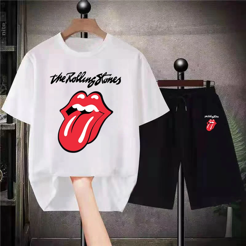 Amazing Tees Men's T-shirt+Shorts Plus Size Retro Rolling Stones Essential T-shirt Men's T-shirt Pattern Set S-4XL