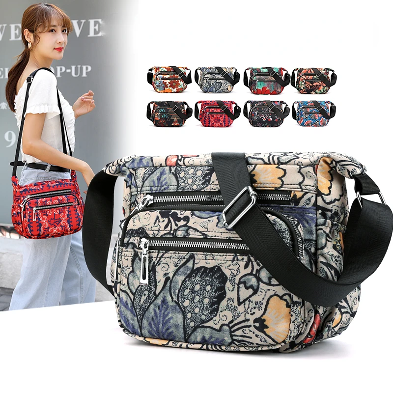 

Summer Multi Pocket Messenger Cross Body Floral Print Handbag Casual Pillow Shape Women Bag Nylon Messenger Bag Ladies Bolsas