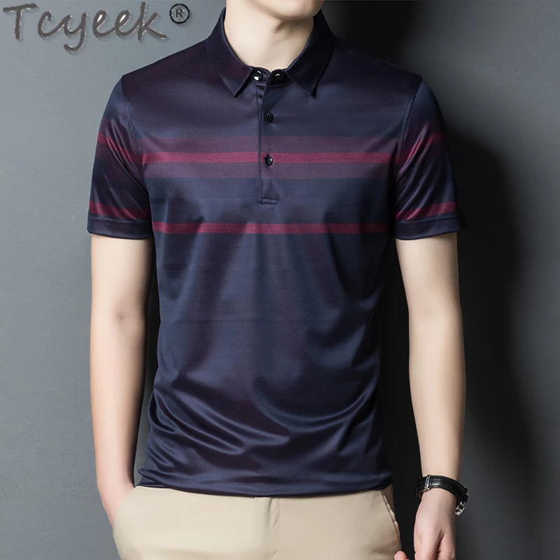 

Tcyeek Summer New Men Clothing 100% Silk Fashion Short Sleeve Shirt Business Casual Polo T Shirt for Men Camisas De Polo Lq372