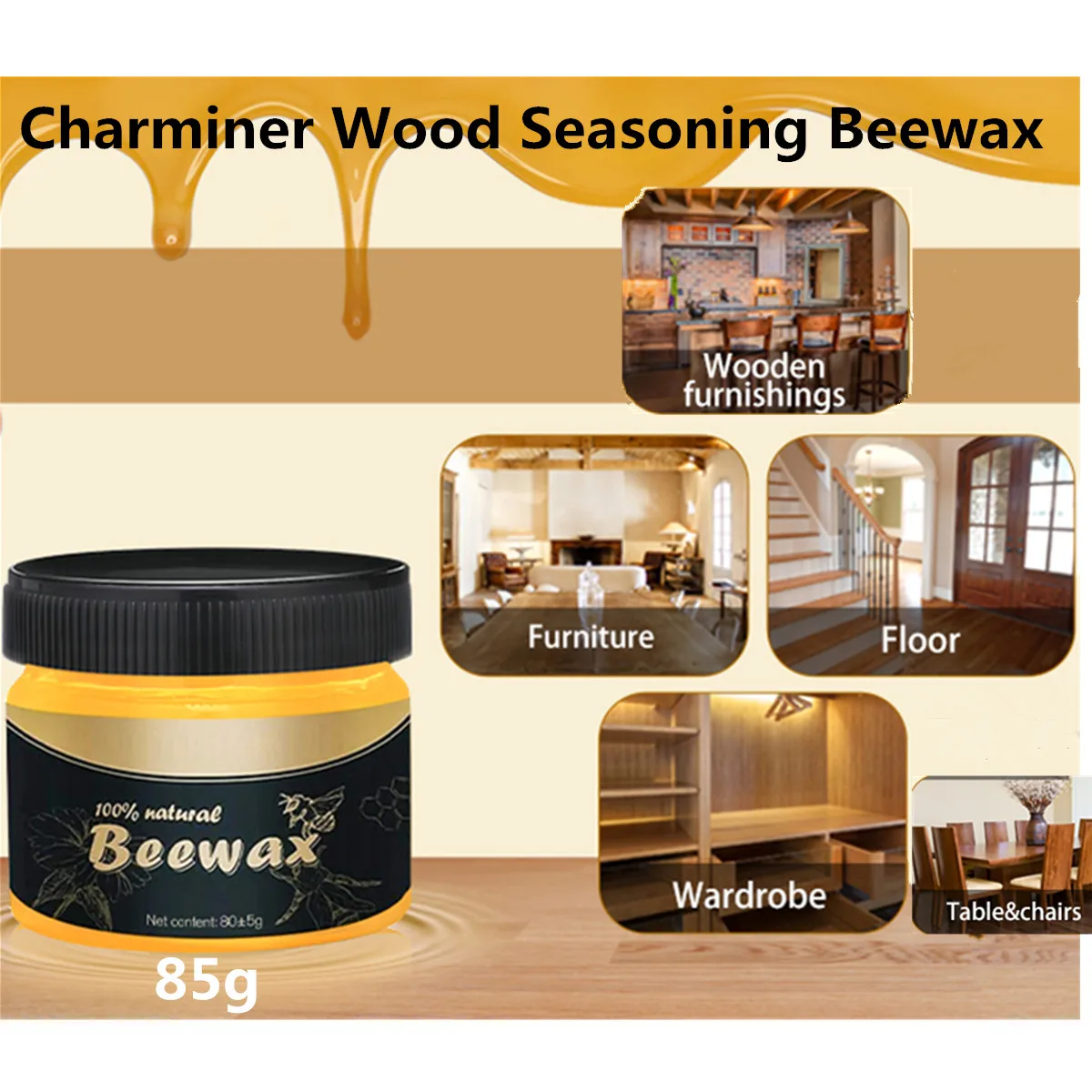

85G Wood Care Wax Solid Wood Furniture Polishing Seasoning Beeswax Polisher Waterproof Care Maintenance Beeswax with Sponge