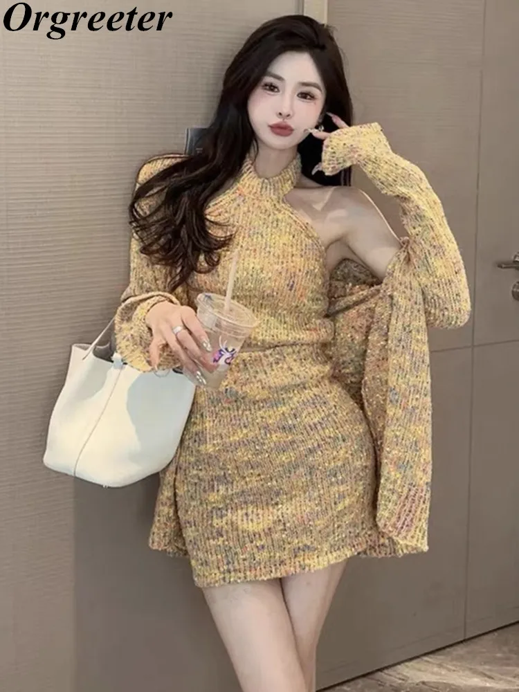 

Knitted 3 Piece Set for Women Autumn Winter Loose Cardigan Sweater+Halter Vest +Mini Bodycon Skirt Suits High Street Skirt Sets