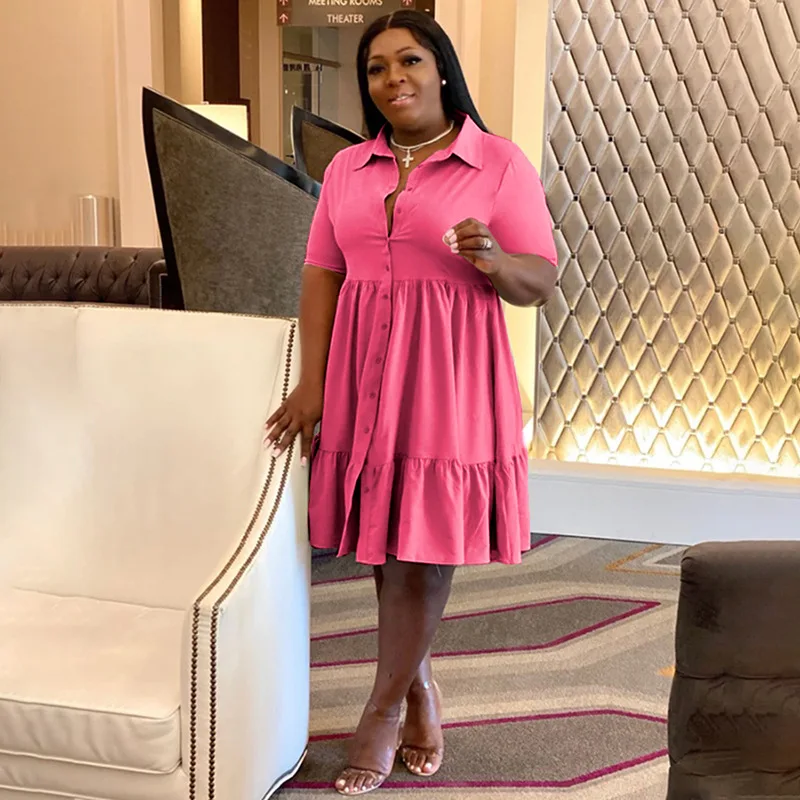Plus Size Elegant Women Dress Summer Button Skirt Fashion Loose Pain Outfits 2022 Lady Luxury Clothes Party Evening Maxi Gown