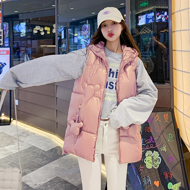 

LY VAREY LIN Autumn Winter Women Hooded Vest Casual Cotton Warm Padded Waistcoat White Pink Blue Cute Loose Sleeveless Jacket
